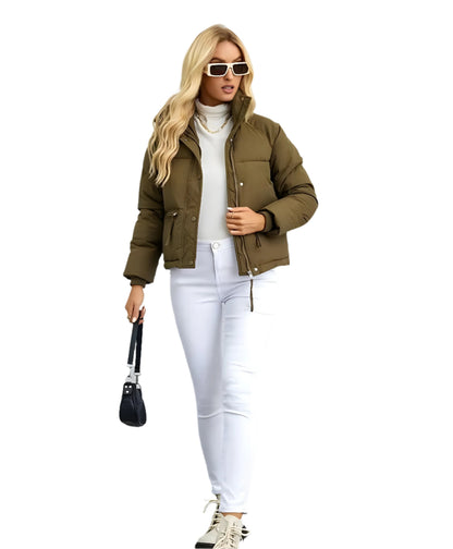 Women's Warm Puffer Jacket with Zipper and High Collar → Women's Warm Insulated Modern Winter Jacket