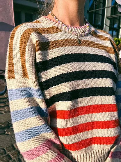Colorful Striped Sweater Round Neck Vintage Style