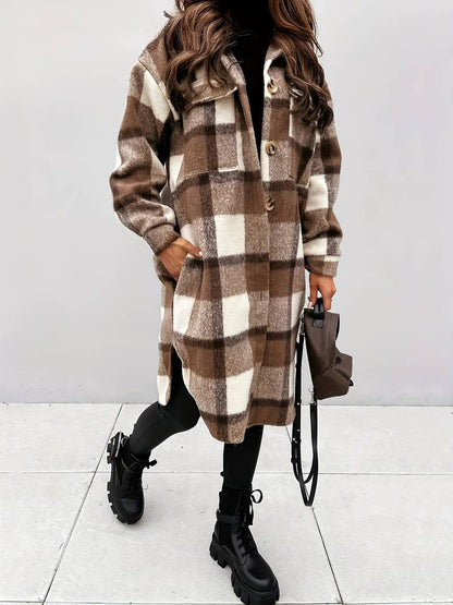 Women's Wool Jacket Plaid Pattern Warm Elegant Buttons