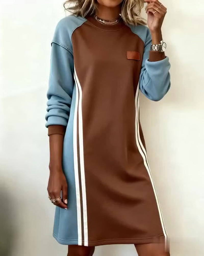 Fashionable Color Block Round Neck Long Sleeve Dress