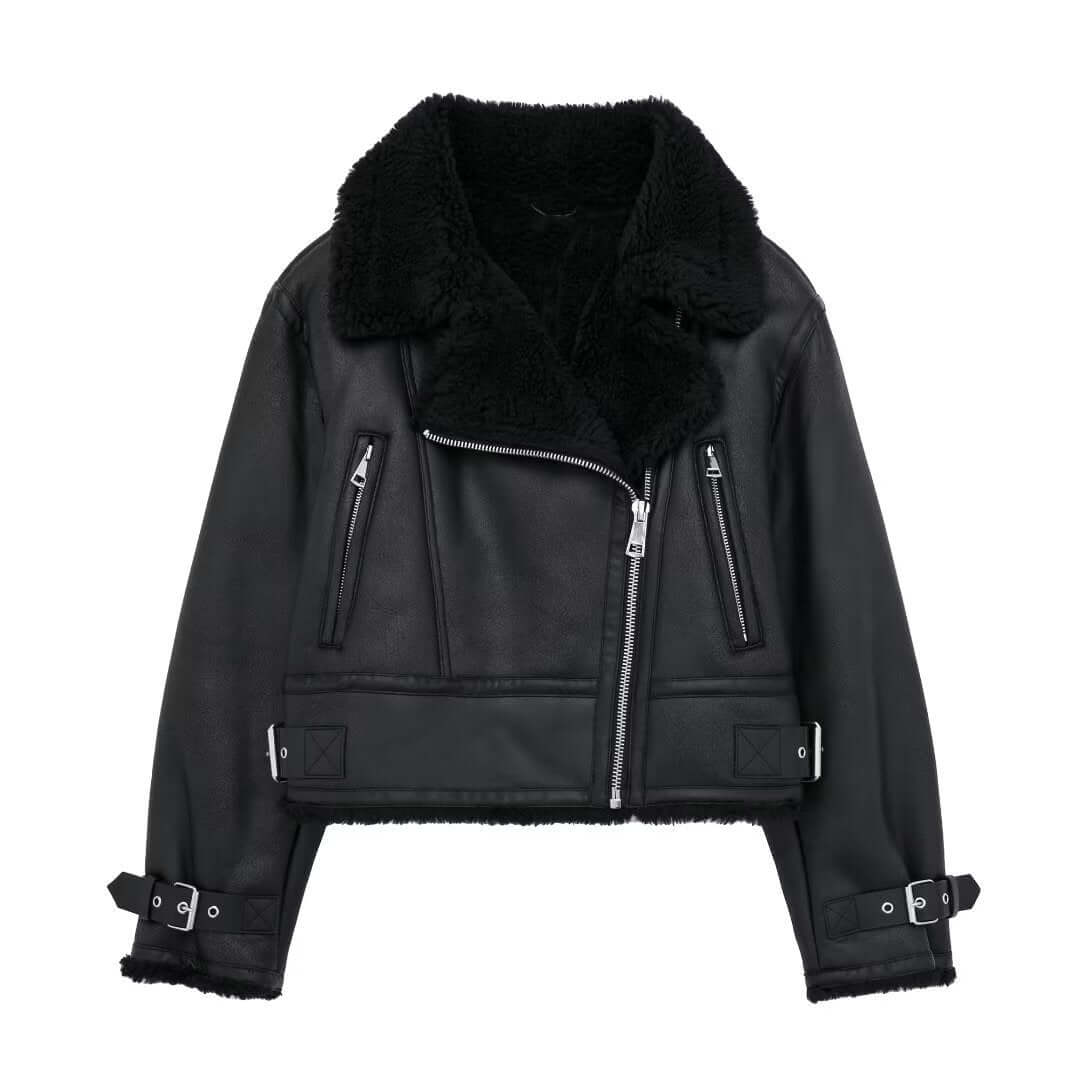 Fashionable Ladies' Leather Jacket with Fur Collar