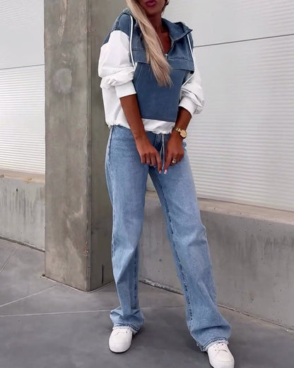 Kapuzenpullover Denim Style Reißverschluss Trend - IdealeKleiden