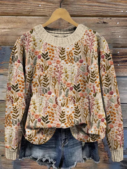 Autumn Knitted Sweater Floral Pattern Women's