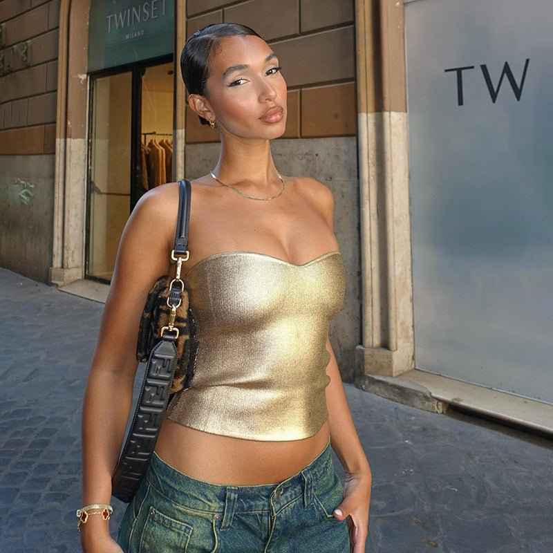 Sexy Bustier Top Metallic Glitter Heart Neckline
