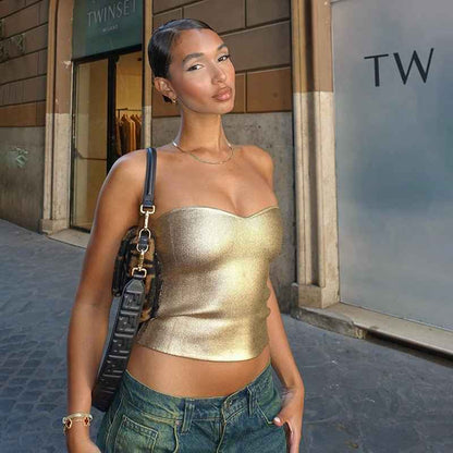 Sexy Bustier Top Metallic Glitter Heart Neckline