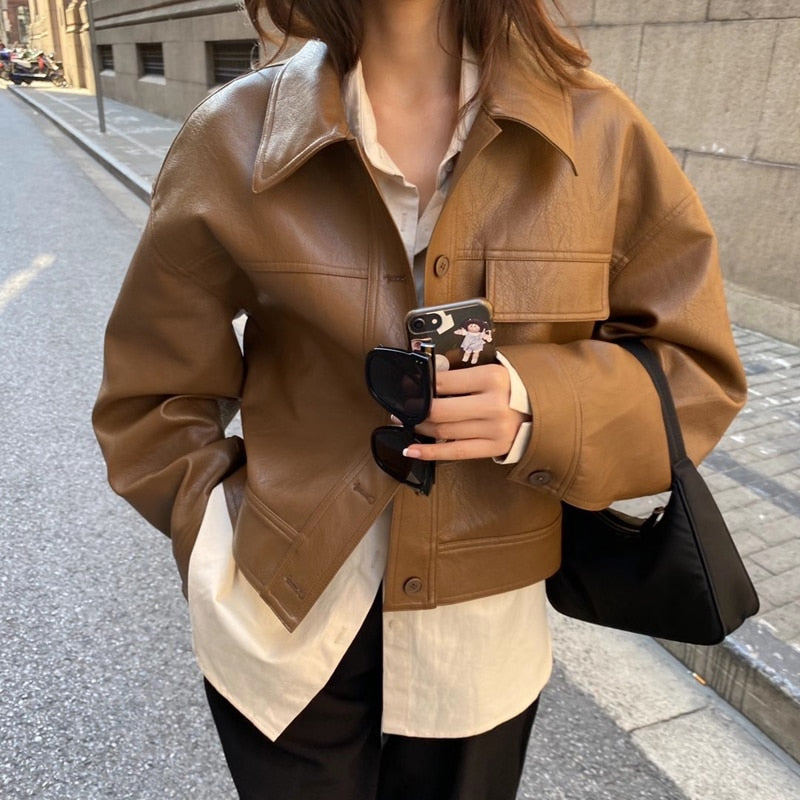 Brown Leather Jacket Short Cut Shirt Collar