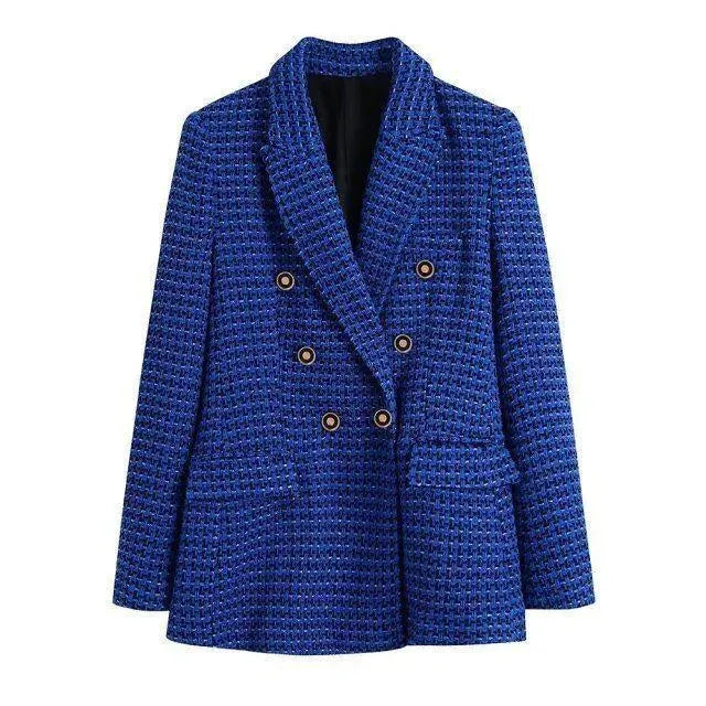 Stylish Women's Blazer Dark Blue Plaid