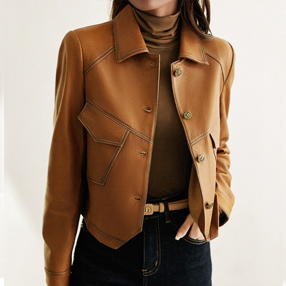 Elegant Women's Jacket Brown Leather Look