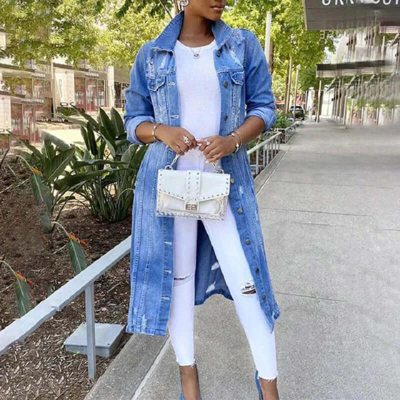 Moderner Denim Trenchcoat Relaxed Fit Damenschuhe nicht enthalten, nur: 
Trenchcoat Denim Elegant Relaxed Fit - IdealeKleiden