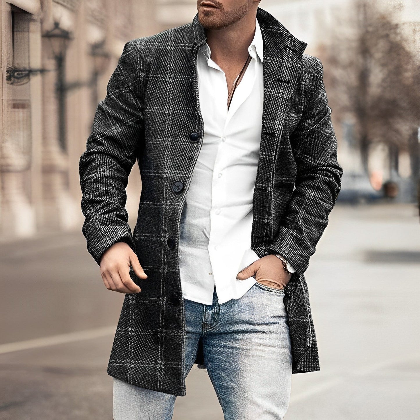 Men's Modern Plaid Coat Button Closure