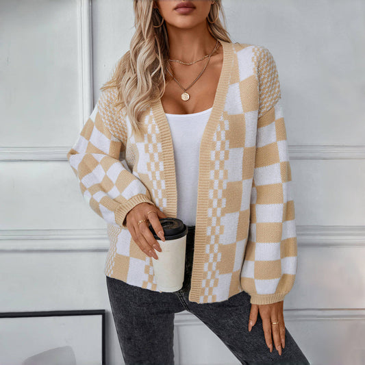 Damen Cardigan Herbstlich Gestrickt Karomuster - IdealeKleiden