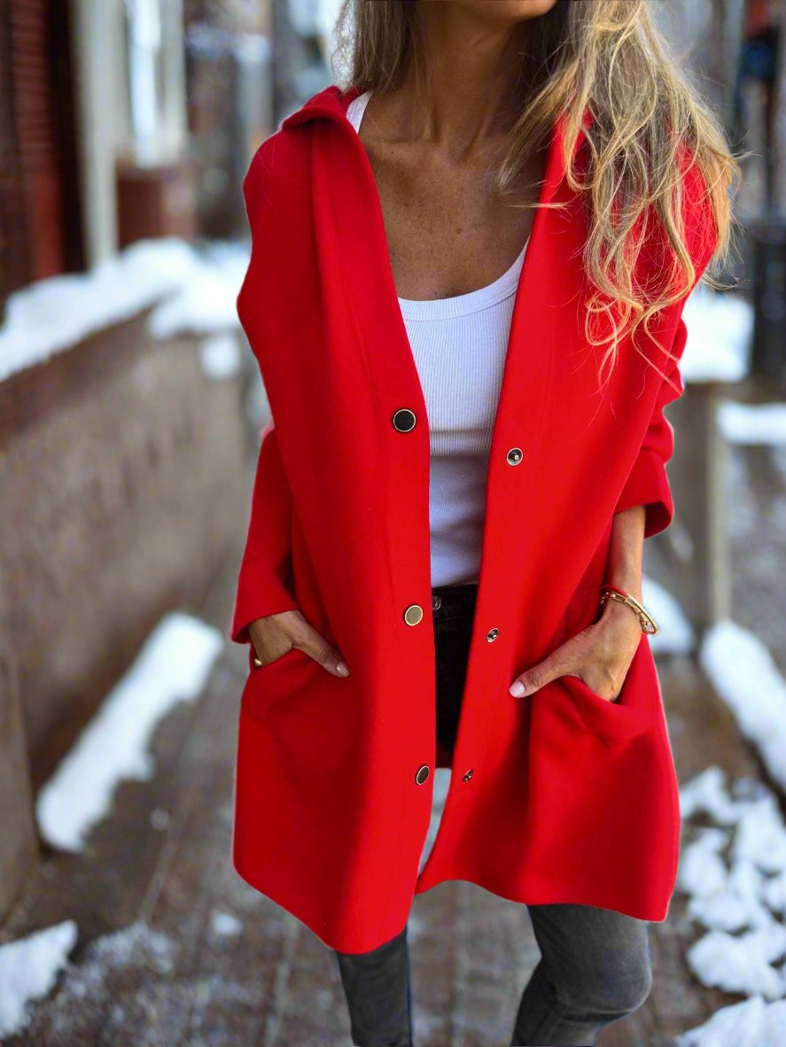 Long Wool Jacket Women Hood Button Closure Comfortable