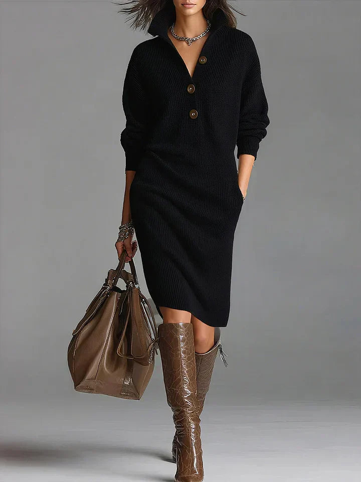 Women's Midi Dress Elegant Button-Down V-Neck