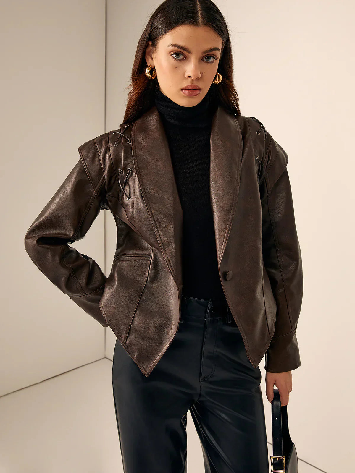 Stylish Leather Jacket Lace-Up Blazer Elegant Collar