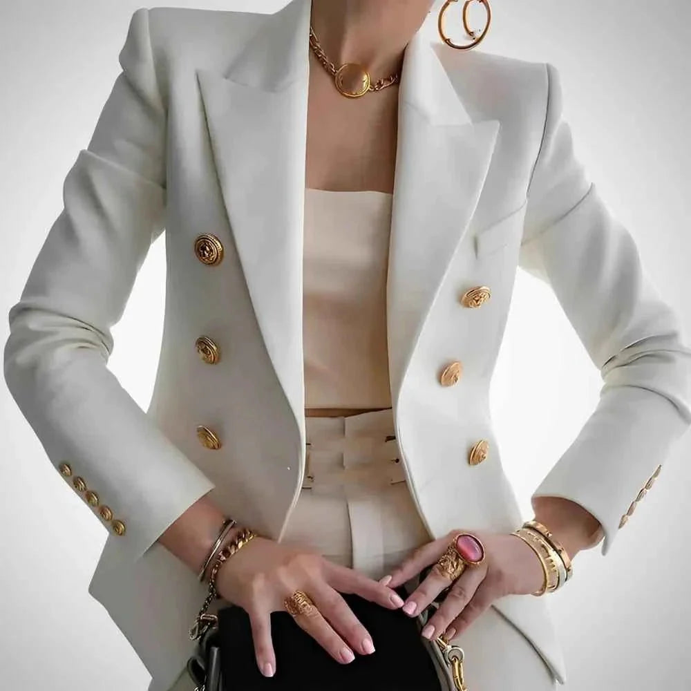 Women's Double-Breasted Blazer Luxury Gold Buttons