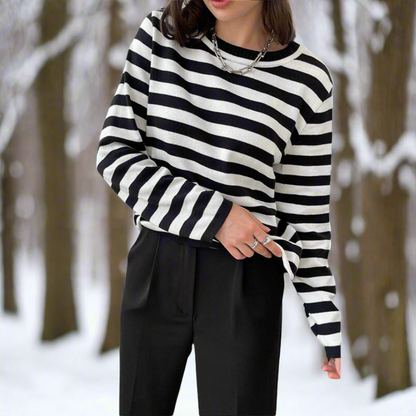 Comfortable Long-Sleeve Shirt Stripes Crew Neck Cotton