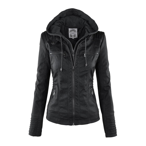 Double-Layer Women's Leather Jacket with Hood