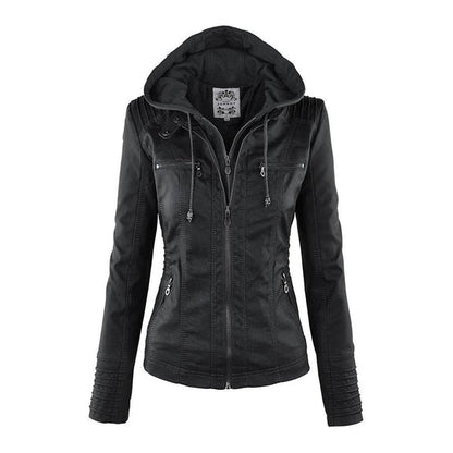 Double-Layer Women's Leather Jacket with Hood