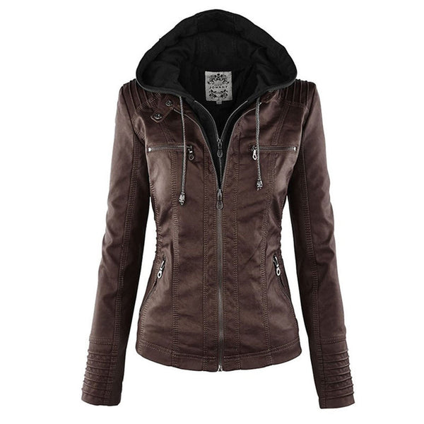 Double-Layer Women's Leather Jacket with Hood