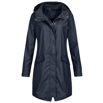 Water-Resistant Rain Jacket Women Mid-Length Hooded