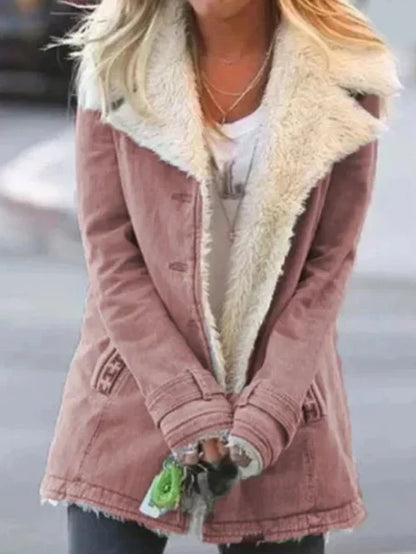 Elegant Women's Coat Soft Faux Fur Trim Button Closure