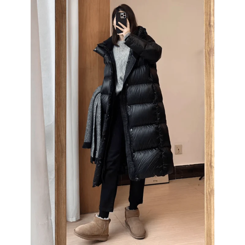 Women's Long Black Hooded Winter Down Coat