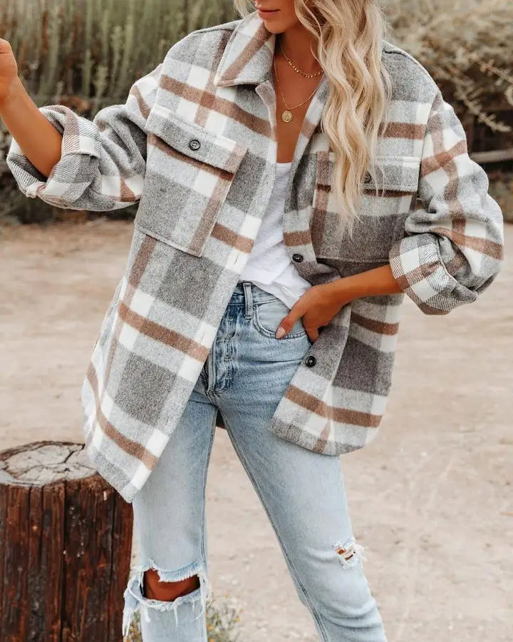 Oversized Plaid Long Shirt Jacket with Chest Pocket