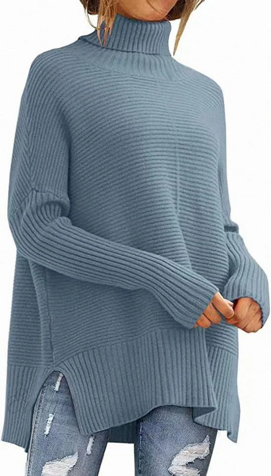 Blauer Strickpullover Fledermausärmel Winterwarm - IdealeKleiden