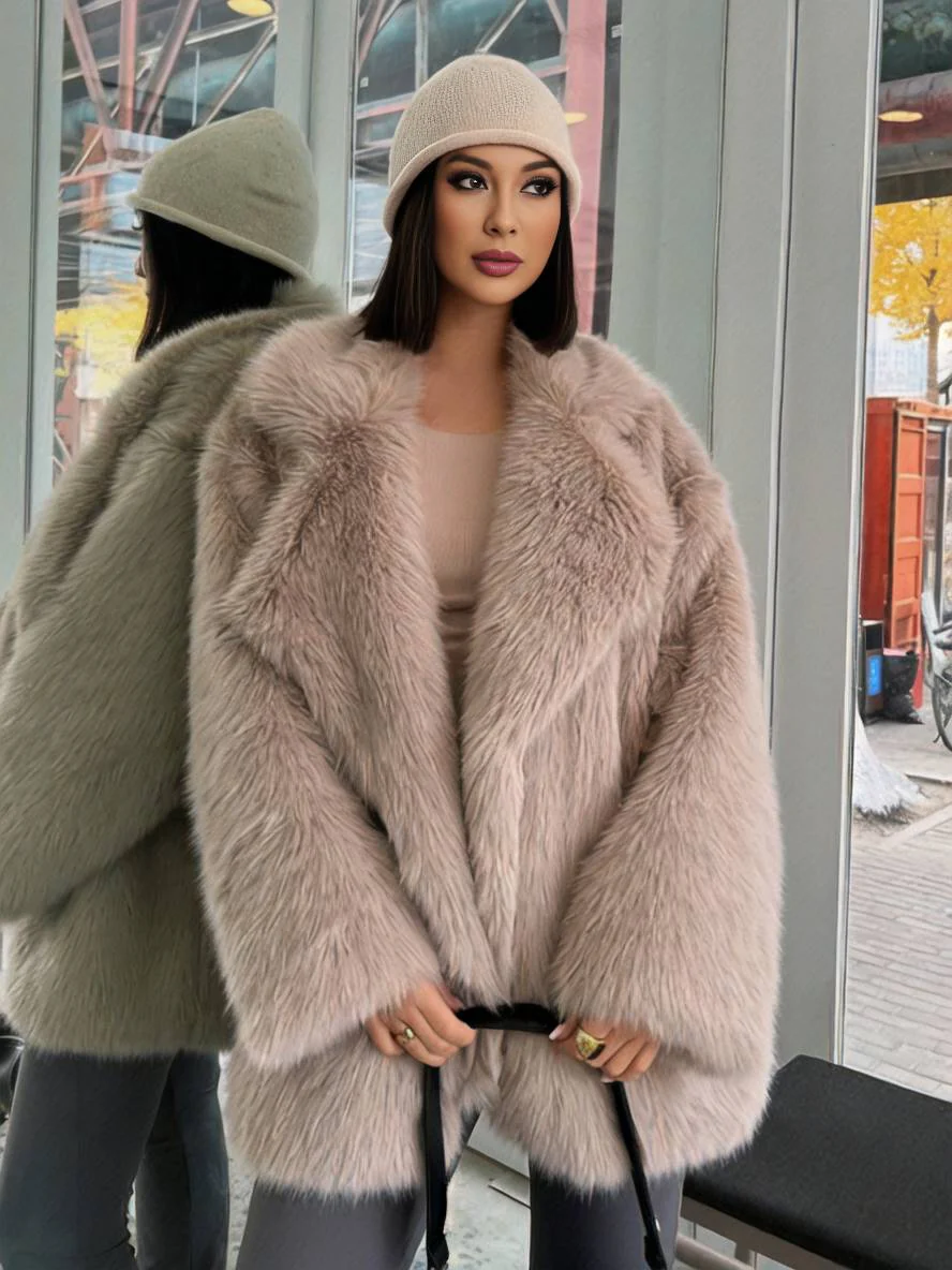 Faux Fur Coat Notched Collar Belted Mid-length