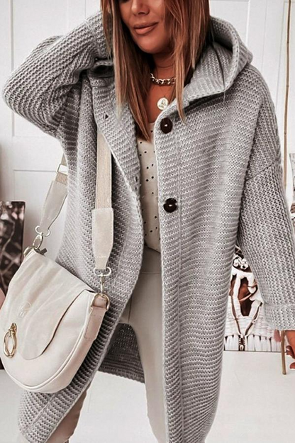 Cozy Knit Cardigan Hood Long Buttons