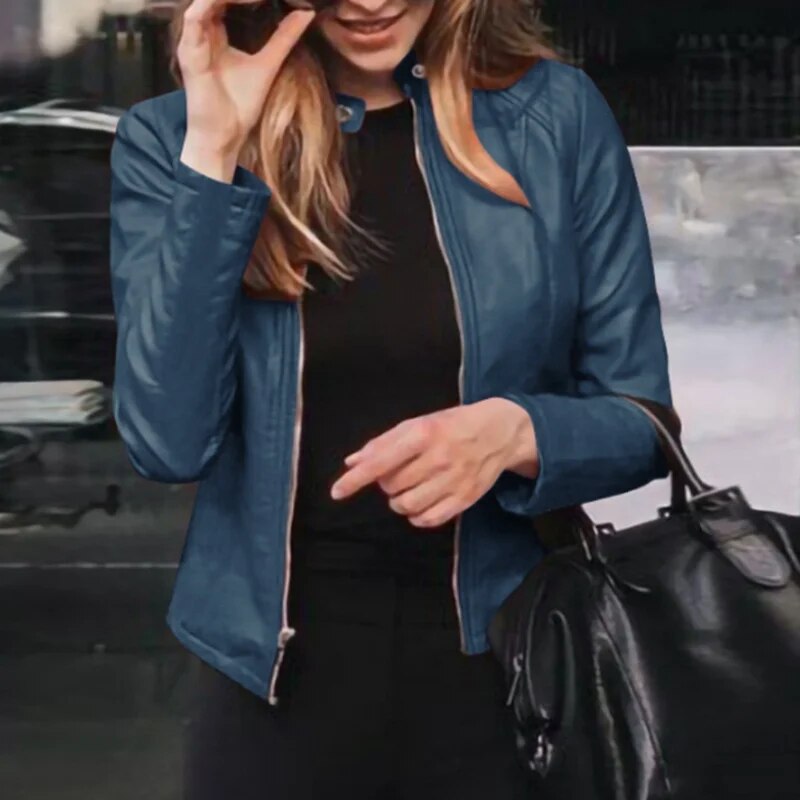 Slim Fit Leather Jacket Short Zip Stand-up Collar