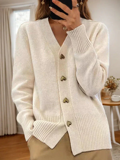 Women's Wool Cardigan Heart Buttons Ribbed Hem