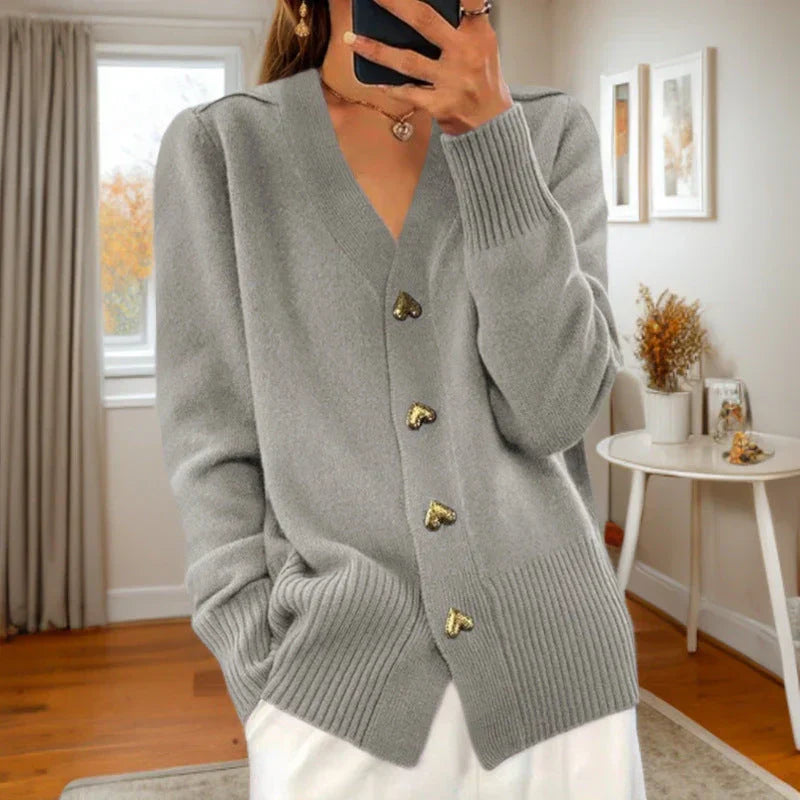 Women's Wool Cardigan Heart Buttons Ribbed Hem
