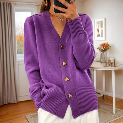 Women's Wool Cardigan Heart Buttons Ribbed Hem