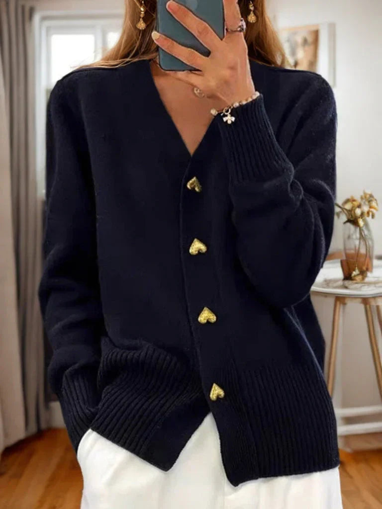 Women's Wool Cardigan Heart Buttons Ribbed Hem