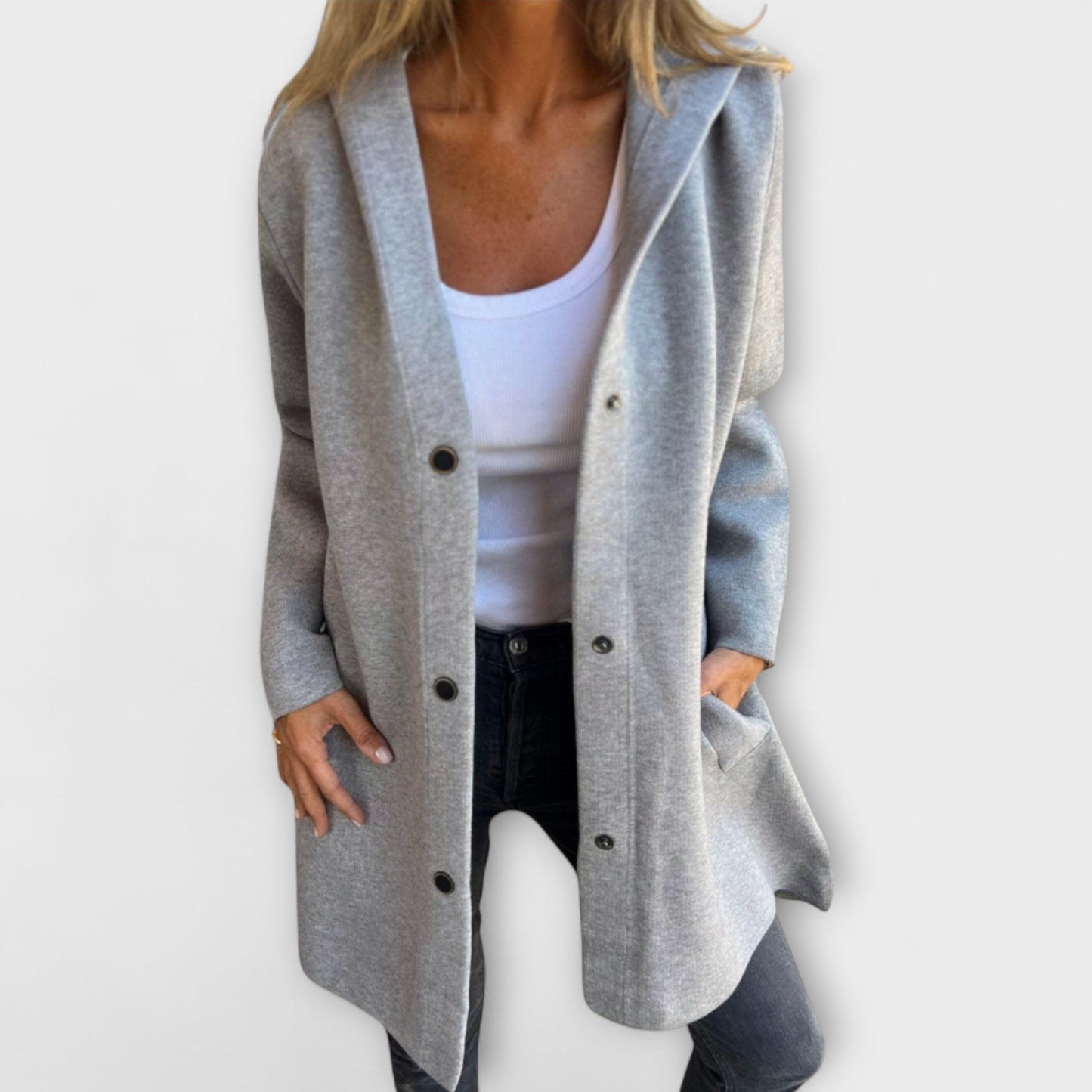 Damen Kapuzenjacke Modern mit Knöpfen - IdealeKleiden