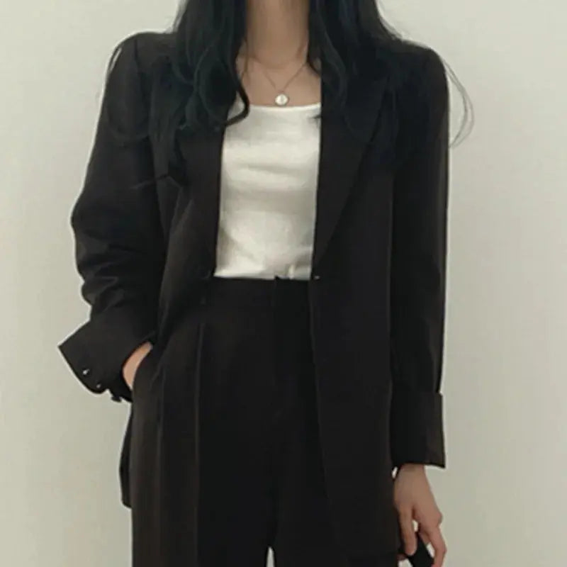 Women's Business Set - Solid Blazer & Straight-Leg Trousers
