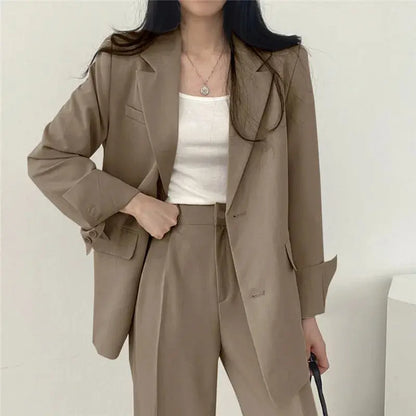 Women's Business Set - Solid Blazer & Straight-Leg Trousers