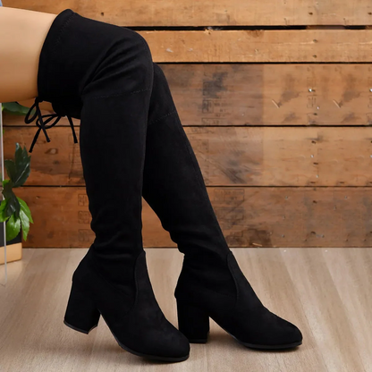 Over-the-knee boots suede look stretch lacing block heel