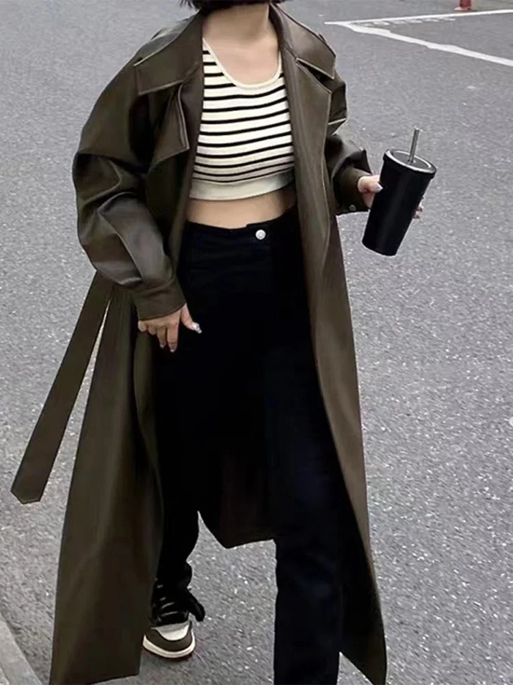 Elegant Faux Leather Long Coat - Tailored - Classic