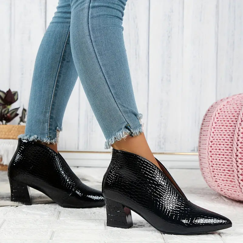 Shiny Ankle Boots Crocodile Pattern Elegant