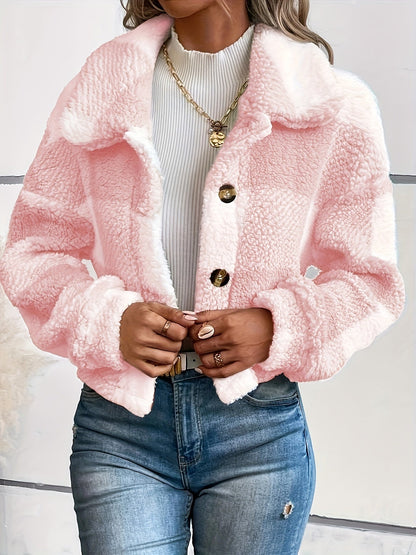 Women's Plaid Teddy Jacket Modern Button Closure