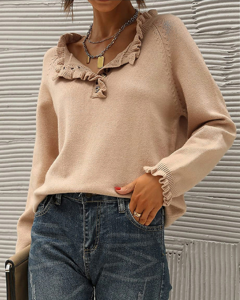 Stylish Solid Color Sweater with Ruffle Detail