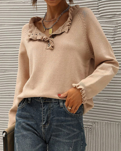 Stylish Solid Color Sweater with Ruffle Detail