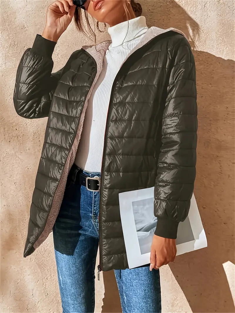 Mid-length Quilted Jacket for Women with Hood