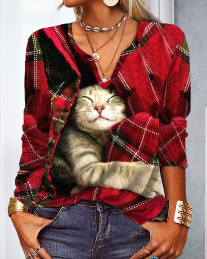 Cat Print Long Sleeve Elegant Dress