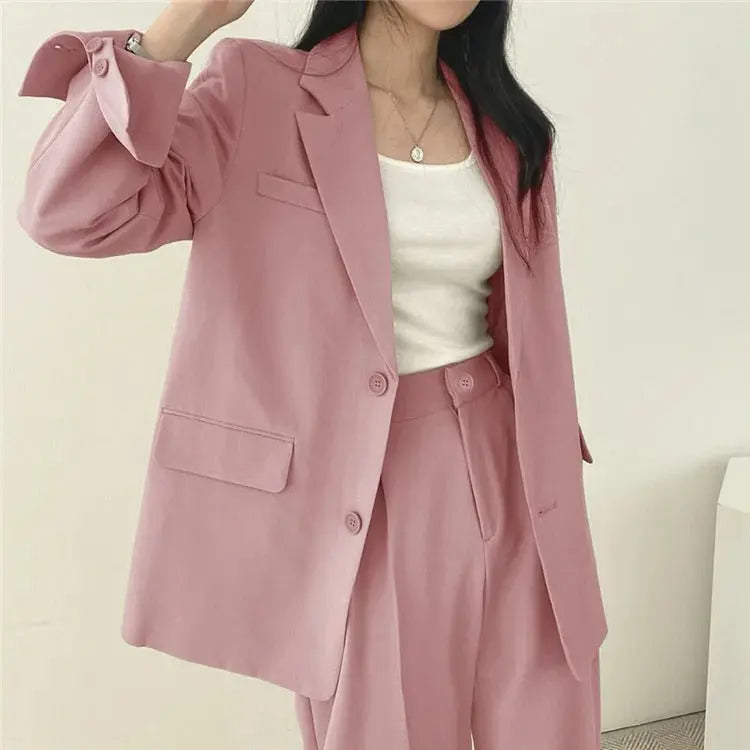 Women's Business Set - Solid Blazer & Straight-Leg Trousers