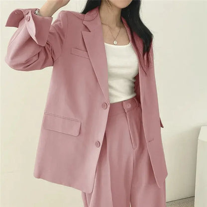 Women's Business Set - Solid Blazer & Straight-Leg Trousers