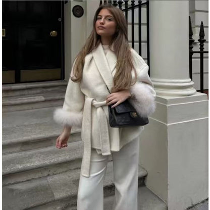 Women's Long Winter Coat with Belt and Faux Fur