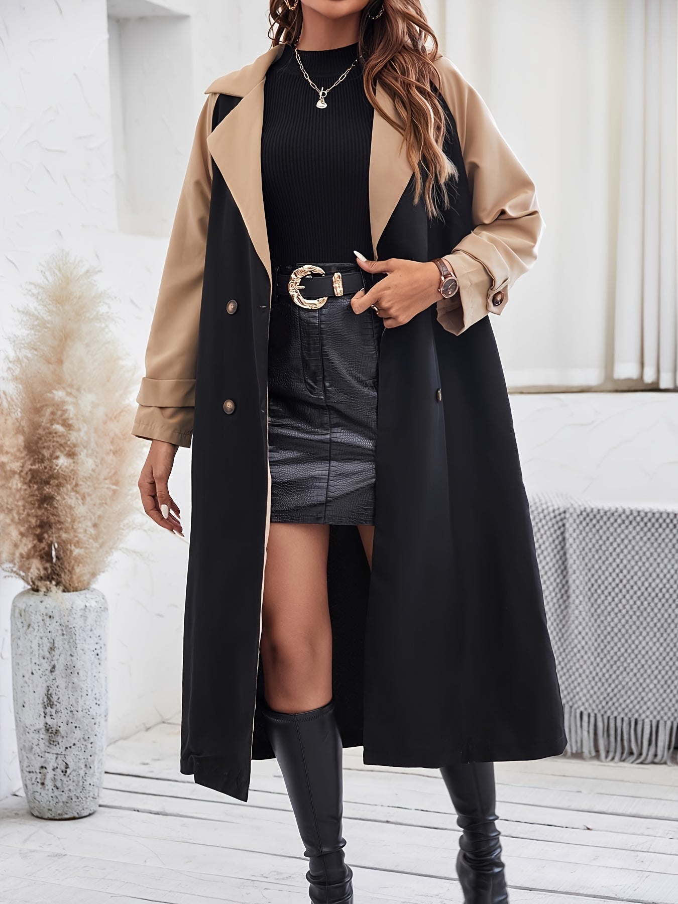 Modern Women's Trench Coat Color Block Design